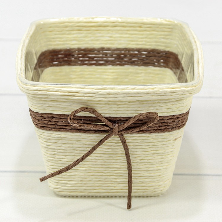 Кашпо плетёное Квадратное 13*10 (±5%) из бумаги с бантиком Бежевый 1/80 Арт: 420142/9