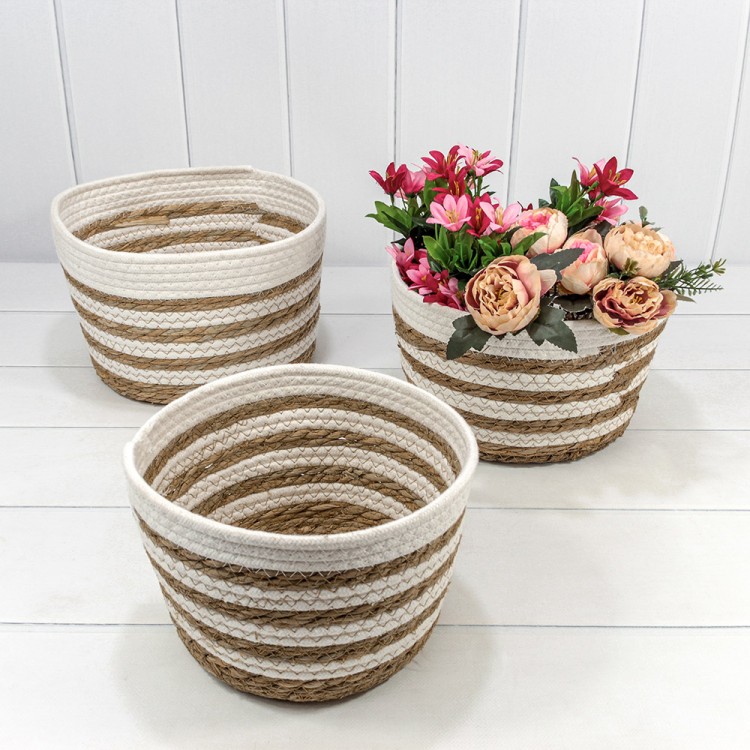 Корзины плетёные Круглые Набор 1/3 29*18 (±5%) из хлопка и камыша Белый/Натуральный 1/8 Арт: 420215/230