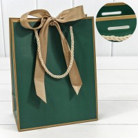 Пакет подарочный с лентой 18*23*10 210г Зелёный 1/10 1/160 Арт: 000505E/15