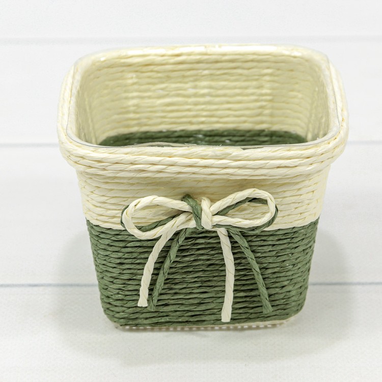 Кашпо плетёное Квадратное 11*11*8 (±5%) из бумаги с бантиком Зелёный 1/100 Арт: 420141/11
